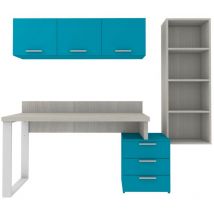 Coin bibliothèque design avec cubes et commode - Solution moderne et peu encombrante - Chêne roche et cyan