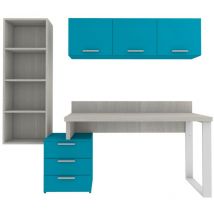 Coin bibliothèque design avec cubes et commode - Solution moderne et peu encombrante - Chêne roche et cyan