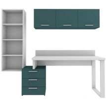 Coin bibliothèque design avec cubes et commode - Solution moderne et peu encombrante - Bianco e verde petrolio