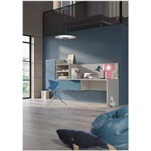 PRISMA21 - Bureau partiellement suspendu avec bibliothèque et compartiments de rangement 225X58,2X134 (lxpxh)) - Bianco e verde petrolio