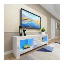 Meuble tv Moderne Blanc avec led Lumineuse - Etagère en verre 2 Tiroirs - Buffet Bas Rangement Salon Chambre 130x35x50cm