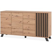 Buffet Medan51c 3 Portes Et 4 Tiroirs En Chêne Anthracite – Dimensions L. 160 X P. 40 X H. 85 Cm – Style Contemporain Avec Pieds En Mdf
