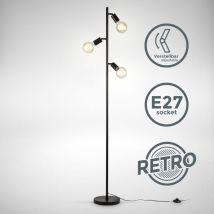 B.K.Licht Lampadaire à pied, 3 spots pivotants, douilles E27, design rétro industriel en métal noir, interrupteur à pied, livré sans ampoules
