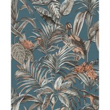 Profhome - Papier peint motif d'oiseaux DE120016-DI papier peint intissé gaufré à chaud gaufré avec un dessin exotique brillant bleu pétrole argent
