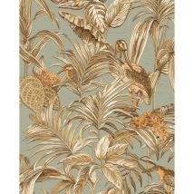 Profhome - Papier peint moitf d'oiseaux DE120017-DI papier peint intissé gaufré à chaud gaufré avec un dessin exotique brillant bleu or cuivré 5,33 m2