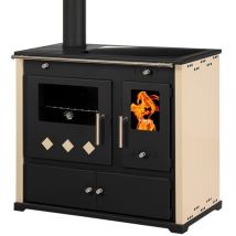 Cocina De Leña Con Placa De Cerámica – 9,5 Kw Paneles Laterales Color Marfil, Diseño Moderno Y Salida De Humos A La Izquierda