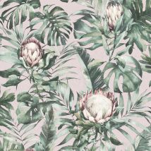 Protea Floral Wallpaper Holden Jungle Tropical Dusky Pink Palm Leaf Green