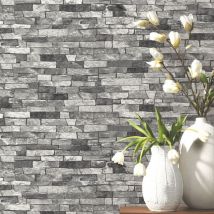 P&s Textured Brick Effect Wallpaper Charcoal Grey Black Shading Wallpaper