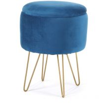 Puf AKORD LILI de terciopelo con almacenamiento y tapa extraíble, color Azul 45 cm de altura