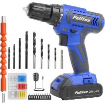 Pulituo - 20V Electric Power Drill with Battery and Charger, 30N.m Torque, 21+1 Speeds, 59-pcs Drill Driver Bits Kit and Screws Set (Blue)
