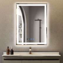 Puluomis Miroir de salle de bain 60×80cm, Avec éclairage LED réglable, Miroir cosmétique lumineux de grande taille, Miroir mural, 3 couleurs de
