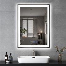 Puluomis - Miroir de salle de bain 60×80cm , Avec éclairage led réglable , Miroir cosmétique lumineux de grande taille, Miroir mural , 3 couleurs de