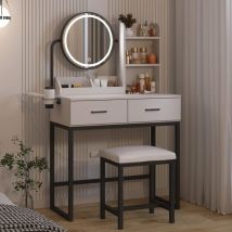 Puluomis - Dressing Table with led Lights, Vanity Table with Adjustable Brightness Mirror, 2 Large Drawers and Hair Dryer Rack, Cushioned Stool,