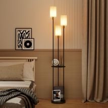 Puluomis - Industrial Floor Lamp with 3 Linen Lampshade, Standing Lamp with Foot Switch, Floor Lamp with 2 Tier Shelf, for Living Room, Bedroom,