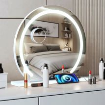 Puluomis LED Miroir de Maquillage 50x48cm Hollywood rond avec éclairage LED et interrupteur tactile, 3 couleurs de lumière, 10x loupe