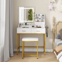 Makeup Desk with Adjustable led Lighted Mirror, Dressing Table Set with Stool, Vanity Desk with 3 Drawers and Hair Dryer Rack, Modern Bedroom