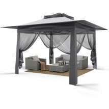 Puluomis – Tonnelle De Jardin Pliante 3,65x3,65m – Toit Double Avec Ventilation – Moustiquaires 360° Zippées – Cadre Robuste Anti-vent