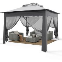 Puluomis - Pavillon de jardin tonnelle barnum style colonial double toit toiles moustiquaires amovibles zippées gris 3m