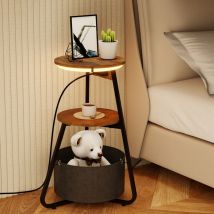 Puluomis - Side Table with Charging, Small Sofa Side Table with led Lighted, Bedside End Table with Storage for Living Bedroom, Brown
