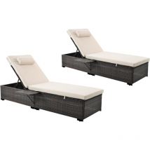 Concept-usine - punta cana - Lot de 2 transats coussins beiges en résine tressée avec tablette latérale