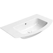 PURA Lavabo en céramique mince incurvée 82x49cm, bord de fond, pas de trou de robinet, blanc ExtraGlaze
