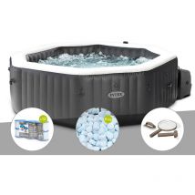 Intex - Kit spa gonflable PureSpa Carbone octogonal Bulles et Jets 4 places + 12 filtres + 5 kg de sel + Kit d'entretien