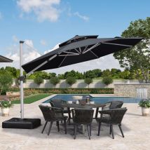 Parasol Déporté en Aluminium 3,65 m Rond, Parasol Luxueux à Double Toit pour Piscine, Adapté pour Jardin, Balcon et Terrasse, Gris - Purple Leaf