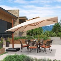 Parasol Déporté en Aluminium avec Apparence Bois, 3,65 × 3,65 m Carré, Adapté pour Piscine, Jardin, Balcon et Terrasse, Beige - Purple Leaf