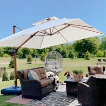 Parasol Déporté en Aluminium avec Apparence Bois, 3 × 3 m Carré, Adapté pour Piscine, Jardin, Balcon et Terrasse, Couleur Crème - Purple Leaf