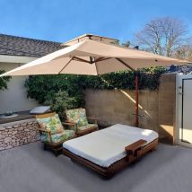Parasol Déporté en Aluminium avec Apparence Bois, 3,65 × 2,7 m Rectangulaire, Adapté pour Piscine, Jardin, Balcon et Terrasse, Beige - Purple Leaf