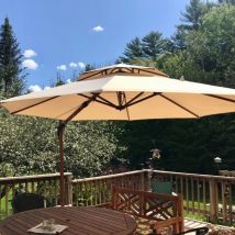 Parasol Déporté en Aluminium avec Apparence Bois, 3,65 m Rond, Adapté pour Piscine, Jardin, Balcon et Terrasse, Beige - Purple Leaf