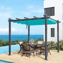 Pergola Aluminium 3 x 3 m Tissu Teint en Fil, Pergola pour Terrasse Extérieur, Toit Coulissante, Pavillon De Jardin, Bleu - Purple Leaf