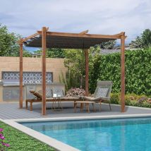 Pergola Jardin Extérieure Rétractable en Aluminium, Cadre à Finition Imitation Bois, avec Double Auvent Pare-soleil, 3 x 3 m, Gris - Purple Leaf
