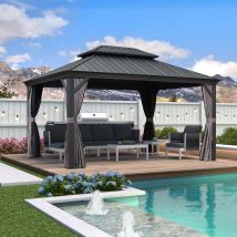 Purple Leaf - Tonnelle de Jardin Extérieur Pergola Aluminium avec Moustiquaire et Rideaux Pavillon de Jardin à Double Toit Acier Galvanisé, 4.25 x