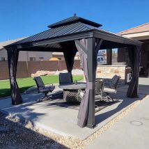 Purple Leaf - Tonnelle de Jardin Extérieur Pergola Aluminium avec Moustiquaire et Rideaux Pavillon de Jardin à Double Toit Acier Galvanisé, 3.65 x