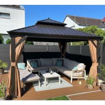 Purple Leaf - Tonnelle de Jardin Extérieur Pergola Aluminium avec Moustiquaire et Rideaux Pavillon de Jardin à Double Toit Acier Galvanisé, 3.65 x