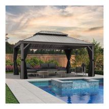 Purple Leaf - Tonnelle de Jardin Extérieur Pergola Aluminium avec Moustiquaire et Rideaux Pavillon de Jardin à Double Toit Acier Galvanisé, 4.85 x