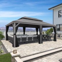 Purple Leaf - Tonnelle de Jardin Extérieur Pergola Aluminium avec Moustiquaire et Rideaux Pavillon de Jardin à Double Toit Acier Galvanisé, 6 x 4.25