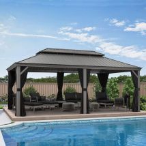 Purple Leaf - Tonnelle de Jardin Extérieur Pergola Aluminium avec Moustiquaire et Rideaux Pavillon de Jardin à Double Toit Acier Galvanisé, 6 x 3.65