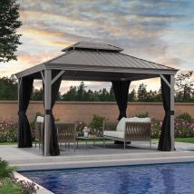 Purple Leaf - Tonnelle de Jardin Extérieur Pergola Aluminium avec Moustiquaire et Rideaux Pavillon de Jardin à Double Toit Acier Galvanisé, 3.65 x 3