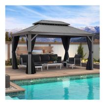 Purple Leaf - Tonnelle de Jardin Extérieur Pergola Aluminium avec Moustiquaire et Rideaux Pavillon de Jardin à Double Toit Acier Galvanisé, 4 x 3 m,