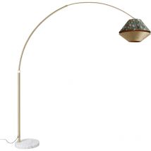 Qazqa - Clásico/Antiguo Lámpara de arco de latón con pantalla doble de terciopelo blanco, diseño de hojas y beige - xxl Terciopelo /Acero /Mármol