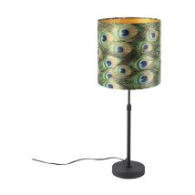 Clásico/Antiguo Lámpara de mesa negra con pantalla de terciopelo pavo real dorado 25 cm - Parte Acero /Textil Cilíndra /Alargada /Redonda Adecuado