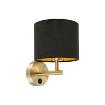 Qazqa - Moderno Lámpara de pared clásica dorada con pantalla de terciopelo negro - Combi Textil /Acero Redonda Adecuado para led Max. 1 x 60 Watt