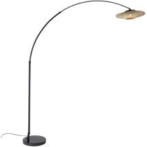 Qazqa - Moderno Lámpara de arco moderna negra con pantalla de estilo oriental y bambú 50 cm - xxl Rina Ratán /Acero /Mármol Alargada Adecuado para
