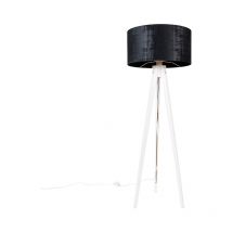 Qazqa - Moderno Lámpara de pie moderna trípode blanco con pantalla de terciopelo negro 50 cm - Tripod Classic Madera /Textil Redonda Adecuado para
