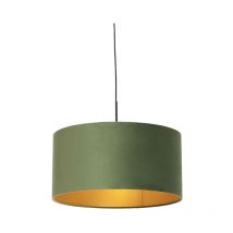 Qazqa - Rústico Lámpara colgante con pantalla de terciopelo verde con dorado 50 cm - Combi Textil /Acero Cilíndra /Alargada /Redonda Adecuado para