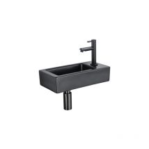 QeramiQ Fuente Fonteinset - 37.5x18.5x9cm - keramiek - kraangat rechts - fonteinkraan zwart mat - afvoerplug - verlaagd sifon - Mat Zwart