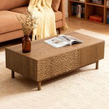 Quadratischer Couchtisch Höhenverstellbar, Holz Und Metallgestell,nussbaum,fischmotiv