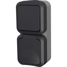 Quarx - aquapro interrupteur va et vient + prise 2P+T vertical étanche complet gris IP55 - 9682F